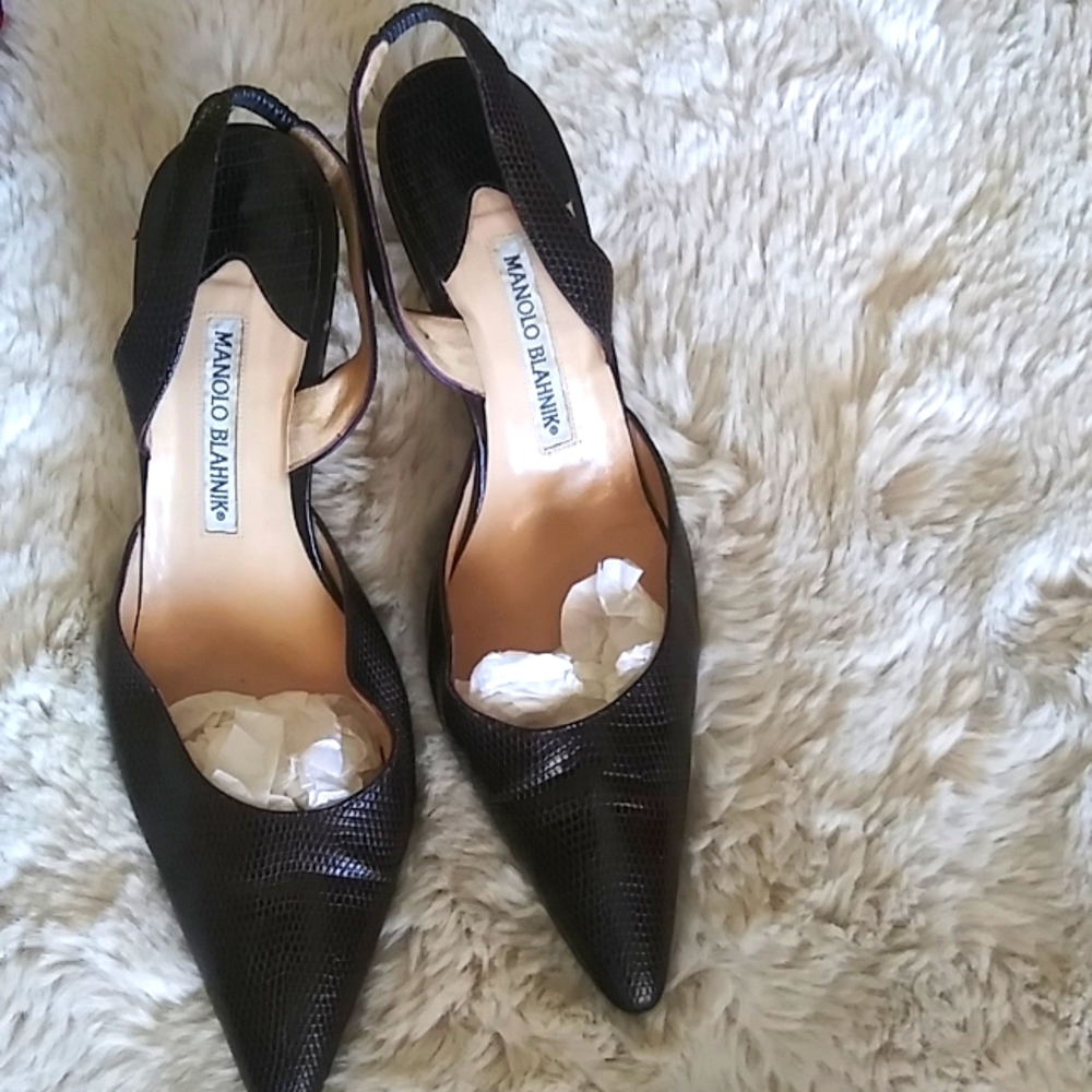 Manolo Blahnik Snakeskin Leather Carolyne Slingbacks